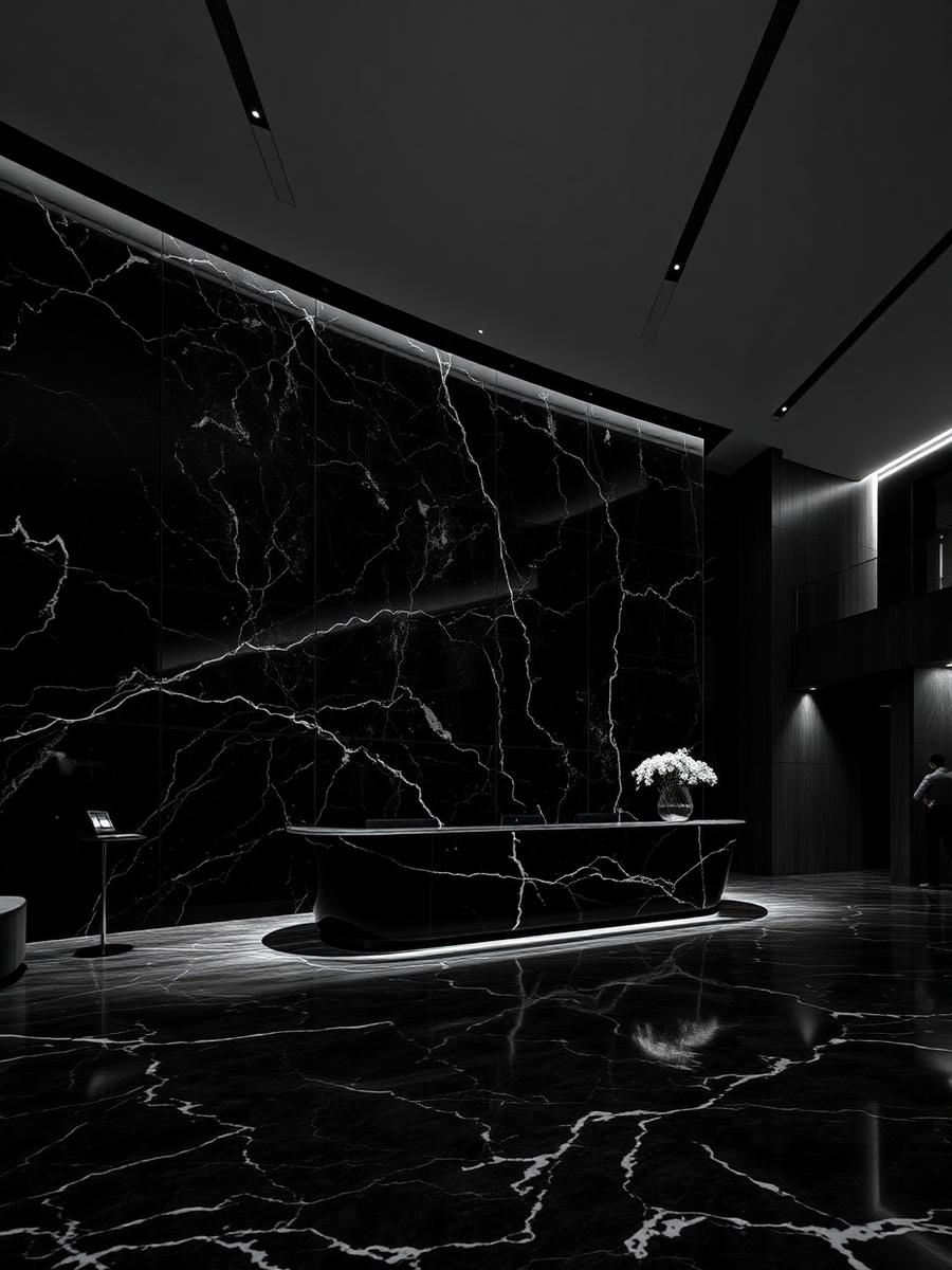 Monochrome view of a private lobby finished in dark marble